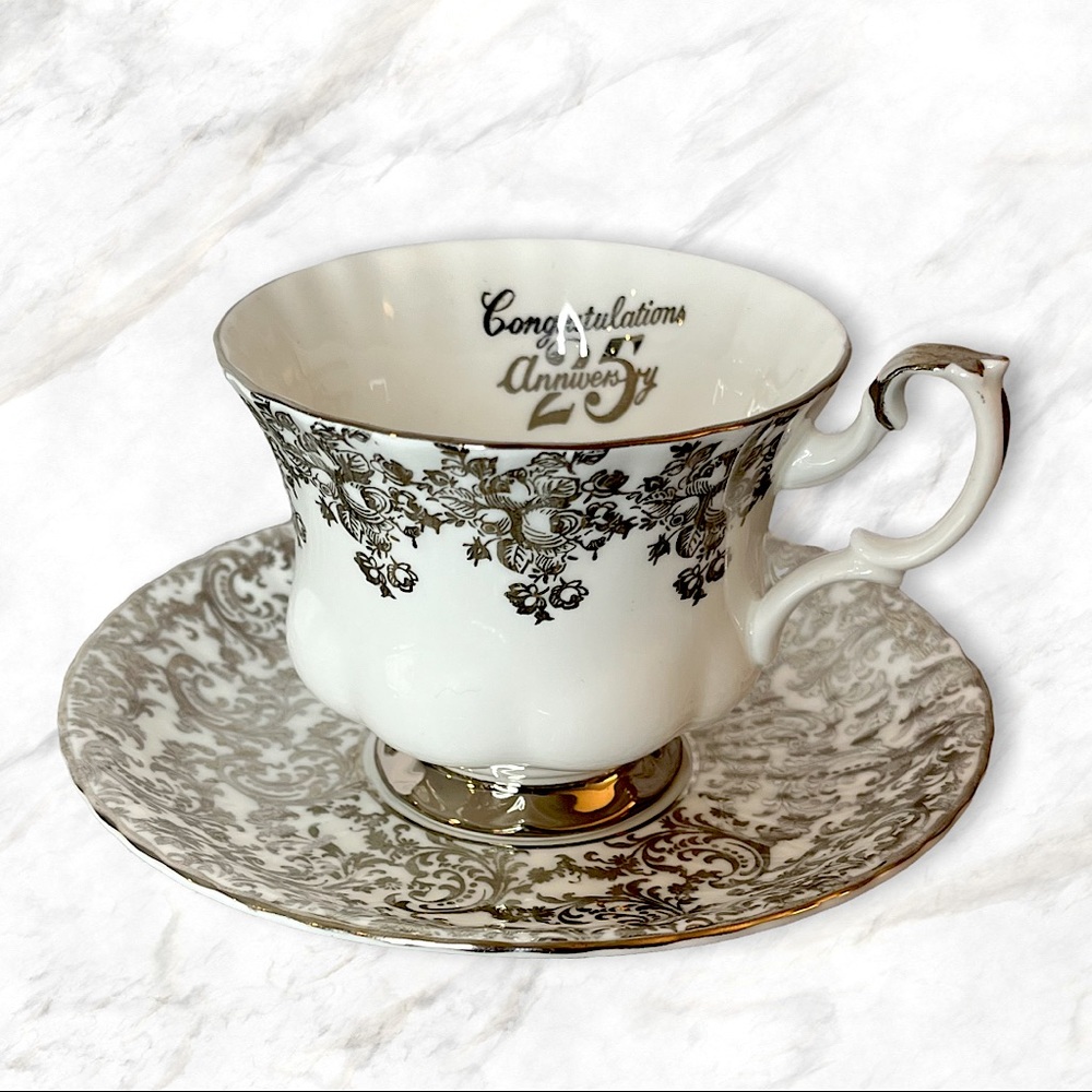 Royal Albert | Vintage 25th Anniversary Fine Bone China Silver Teacup & Saucer